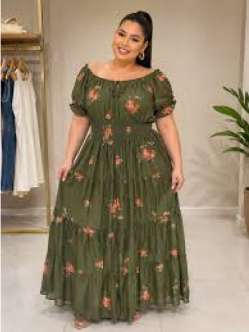 Kindred Boho Olive Floral Embroidered Maxi Dress Plus 2X Festival Smocked